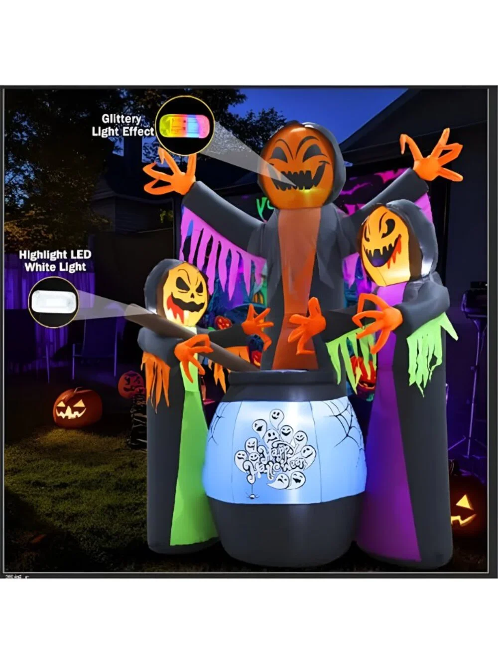 8FT Halloween Inflatables Three Witch Around Cauldron with Light Yard Decor